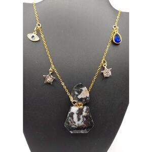 Handmade Zebra Jasper Perfume Bottle Necklace w Charms Gold Tone Celestial
